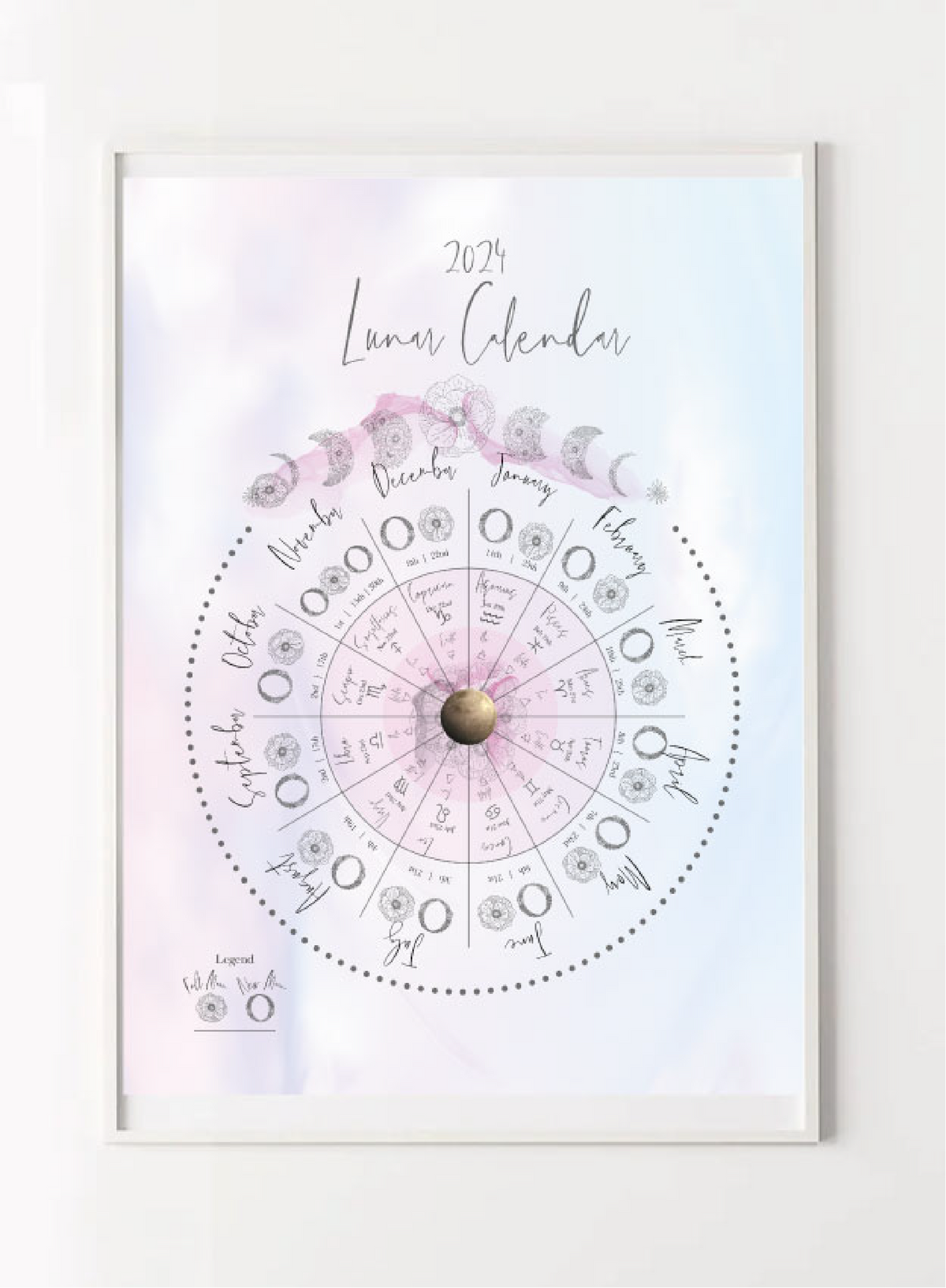 2024 Moon Phases Astrology Elemental Calendar - A4 Digital Download - Northern Hemisphere