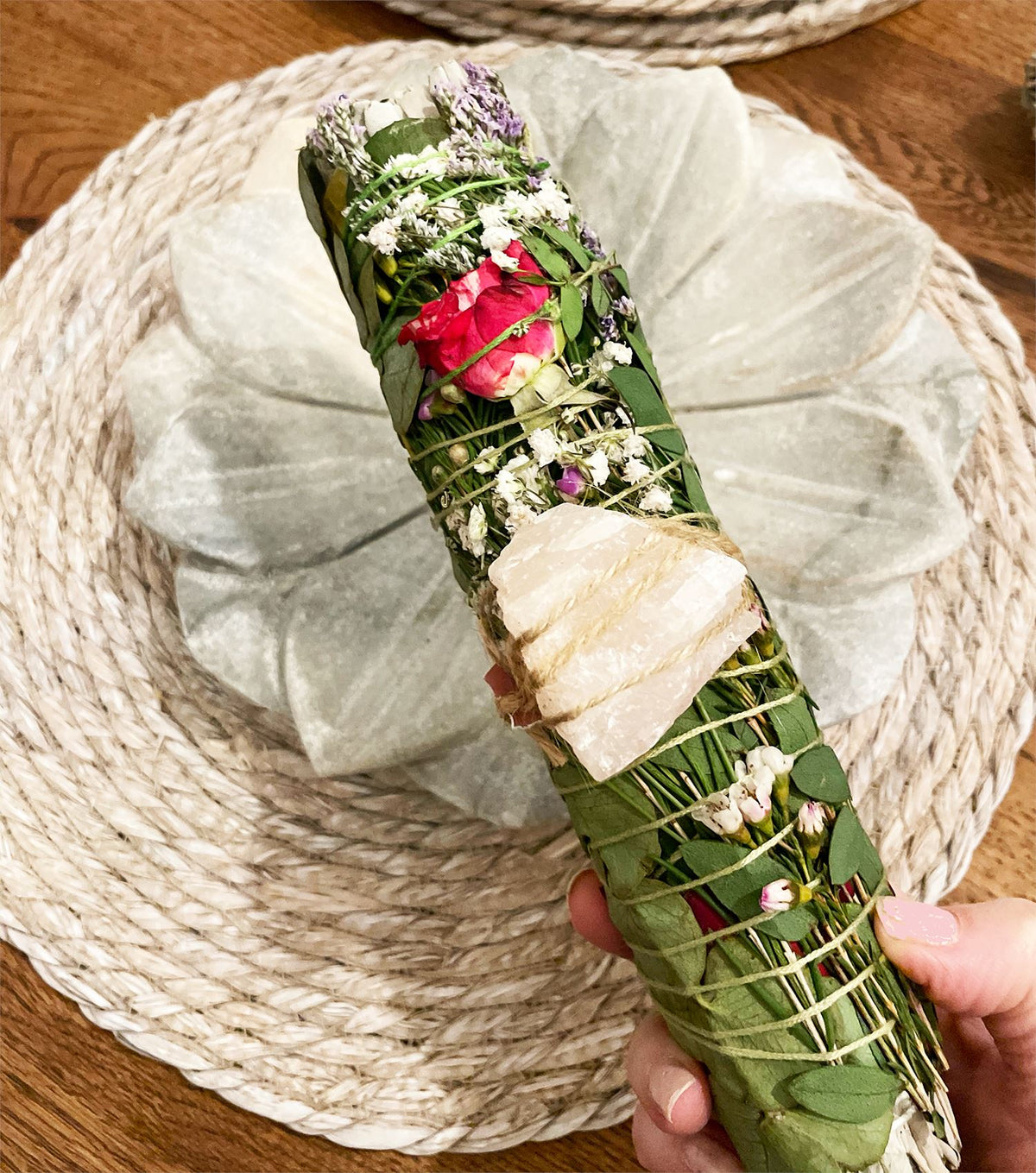 Large Mystical, Rose Quartz, Floral + White Sage Smudge Stick Bundle The Ritual Tribe 
