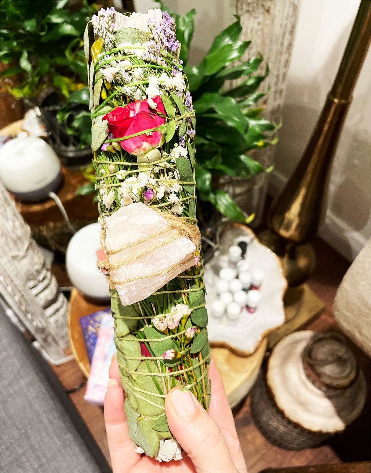 Large Mystical, Rose Quartz, Floral + White Sage Smudge Stick Bundle The Ritual Tribe 