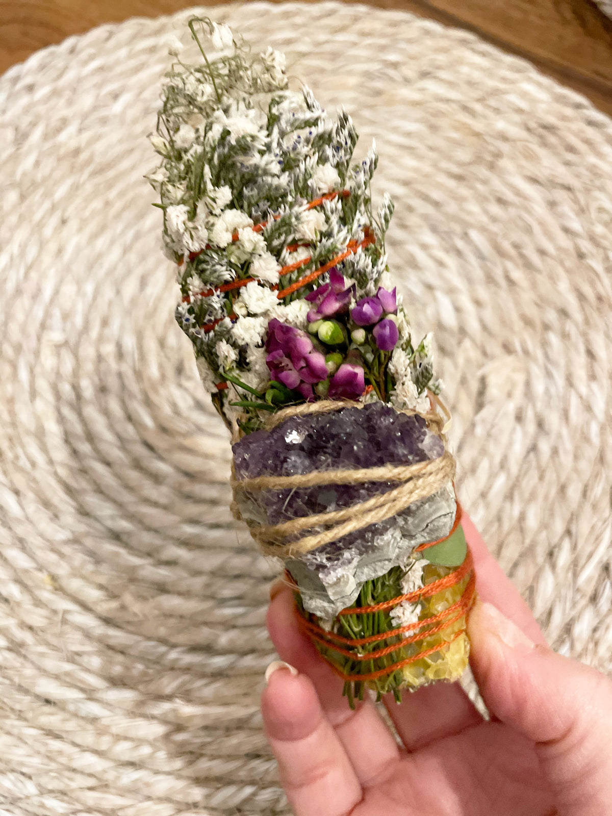 Medium Mystical, Amethyst, Floral + White Sage Smudge Stick Bundle The Ritual Tribe 
